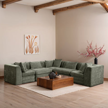 Stellar 114" Green Chenille Fabric Upholstered 5Pc. Modular Sectional
