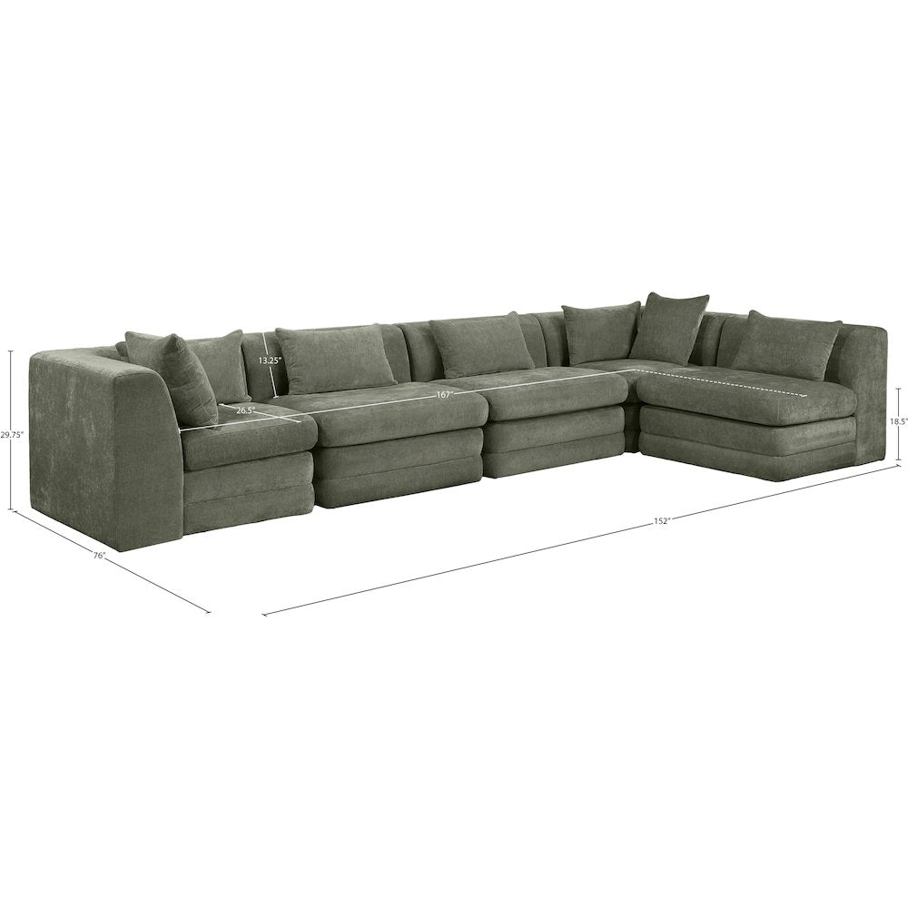 Stellar 152" Green Chenille Fabric Upholstered 5Pc. Modular Sectional