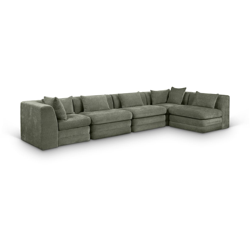 Stellar 152" Green Chenille Fabric Upholstered 5Pc. Modular Sectional