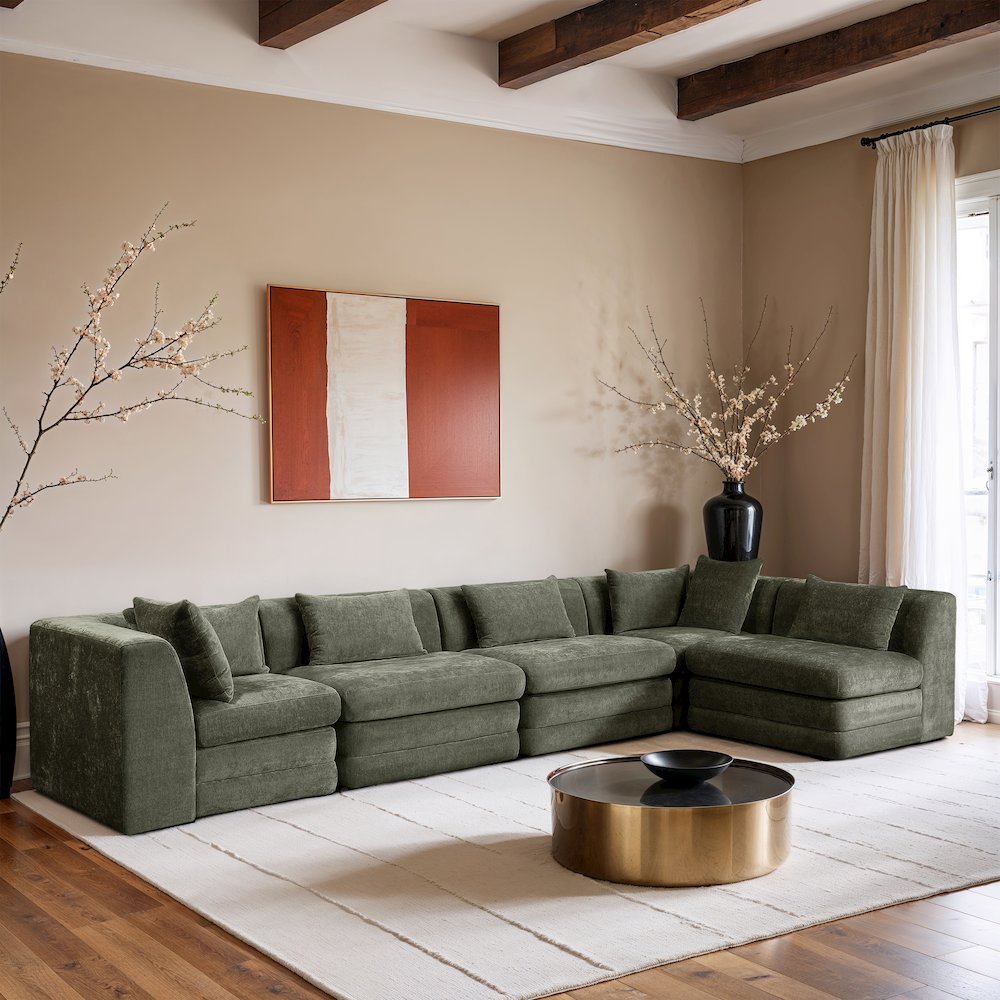 Stellar 152" Green Chenille Fabric Upholstered 5Pc. Modular Sectional