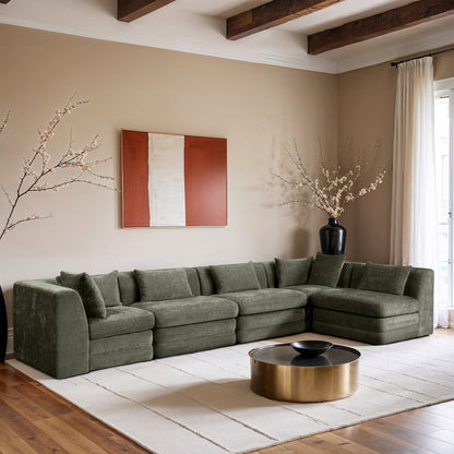 Stellar 152" Green Chenille Fabric Upholstered 5Pc. Modular Sectional