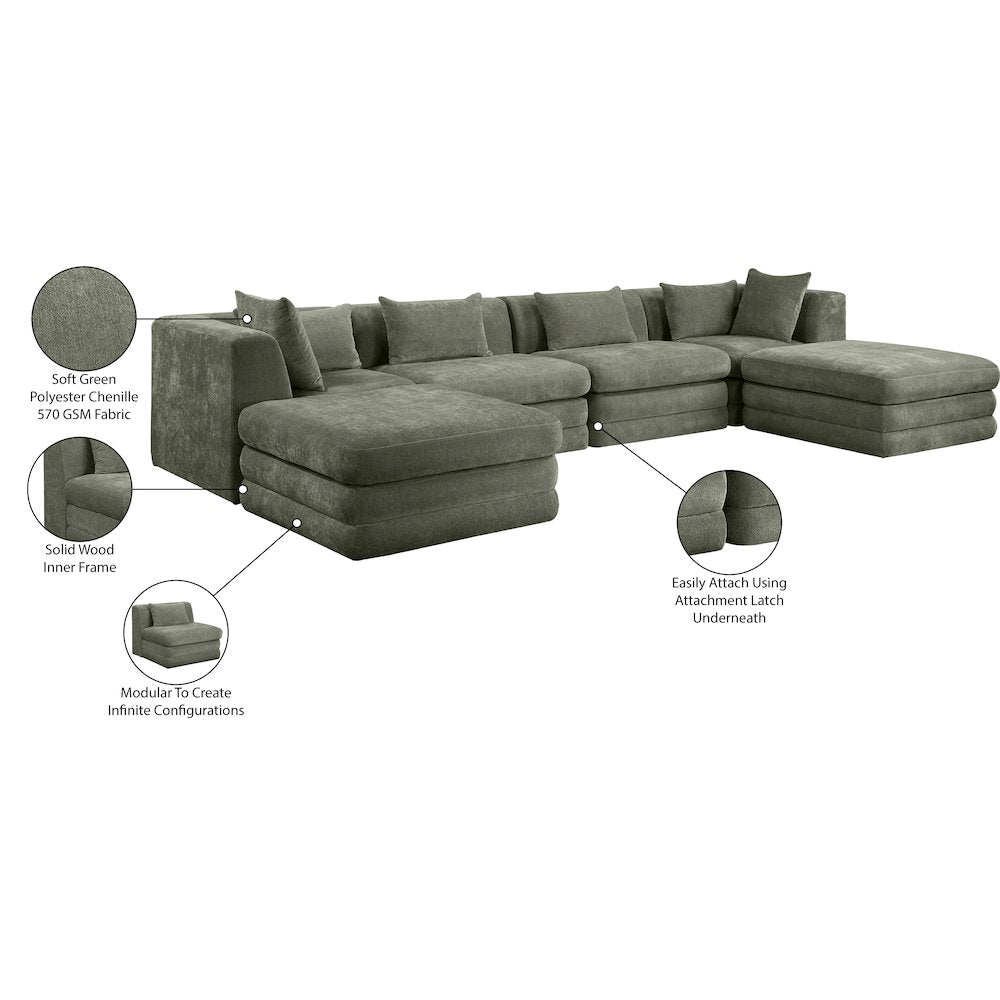Stellar 152" Green Chenille Fabric Upholstered 6Pc. Modular Sectional