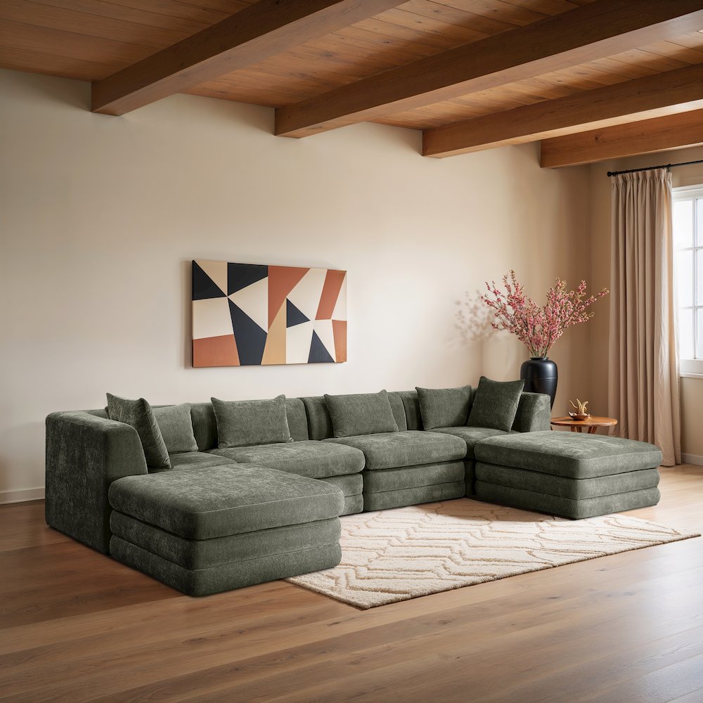Stellar 152" Green Chenille Fabric Upholstered 6Pc. Modular Sectional