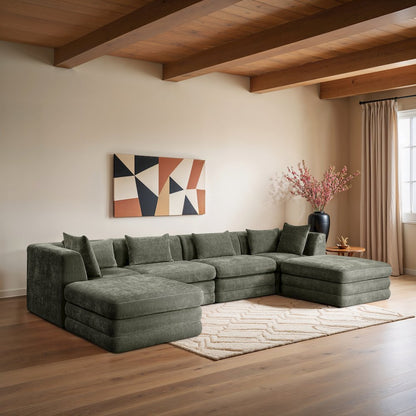 Stellar 152" Green Chenille Fabric Upholstered 6Pc. Modular Sectional