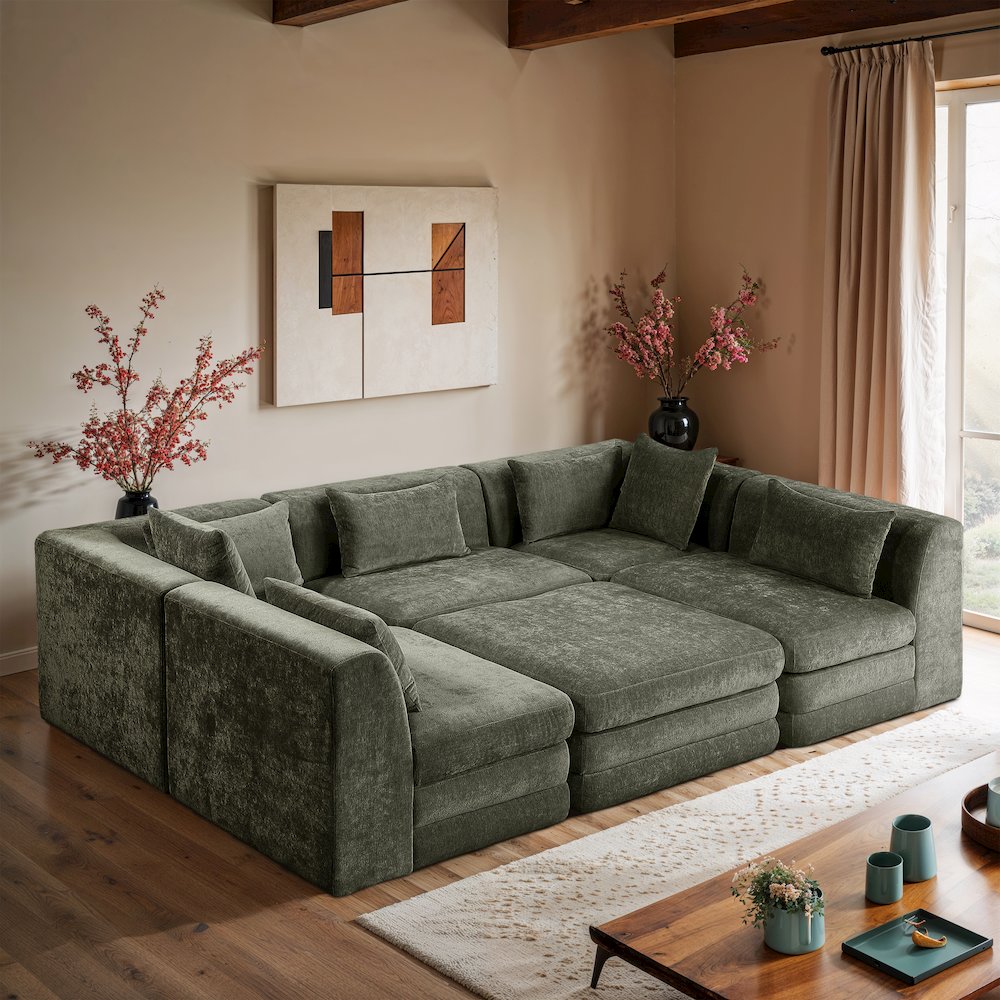 Stellar 114" Green Chenille Fabric Upholstered 6Pc. Modular Sectional