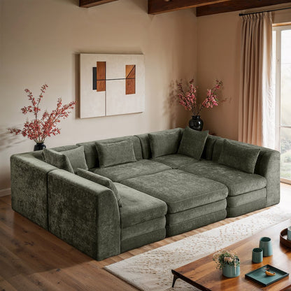 Stellar 114" Green Chenille Fabric Upholstered 6Pc. Modular Sectional