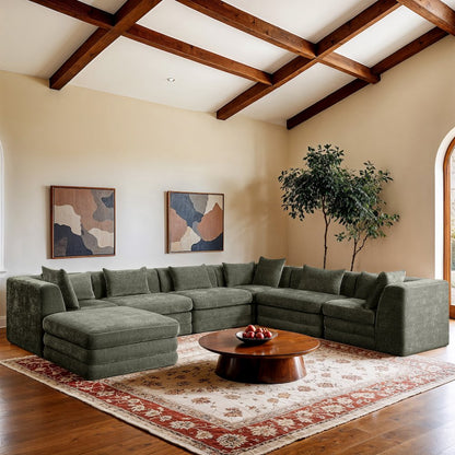 Stellar 152" Green Chenille Fabric Upholstered 7Pc. Modular Sectional