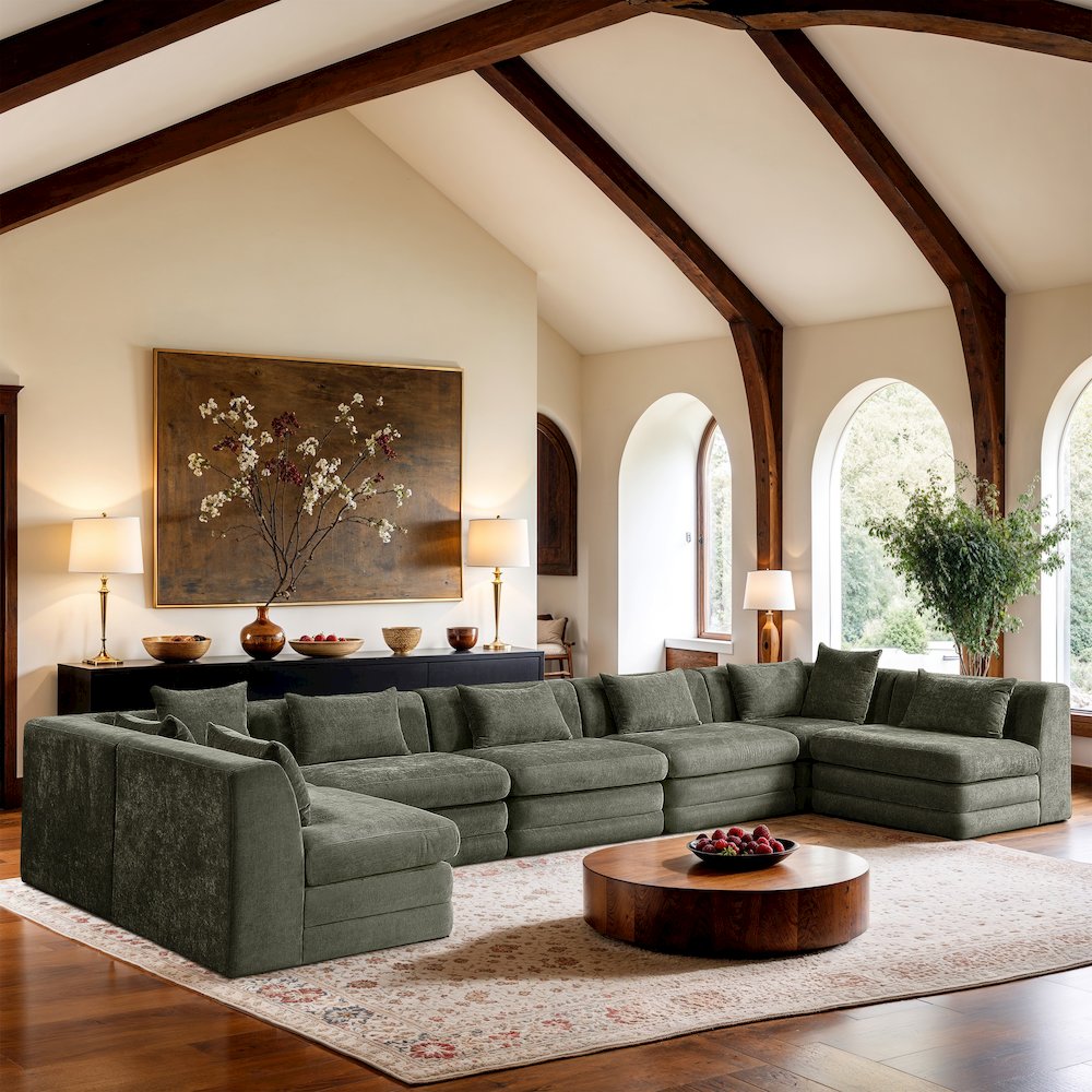 Stellar 190" Green Chenille Fabric Upholstered 7Pc. Modular Sectional