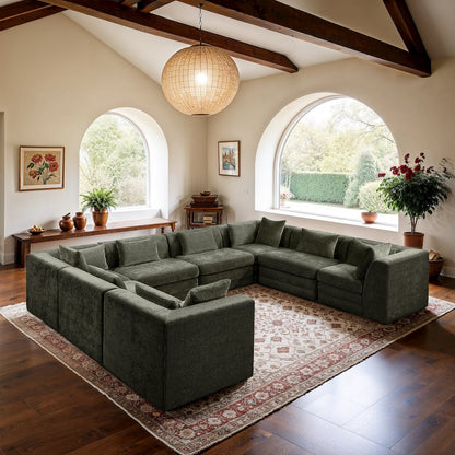 Stellar 152" Green Chenille Fabric Upholstered 8Pc. Modular Sectional