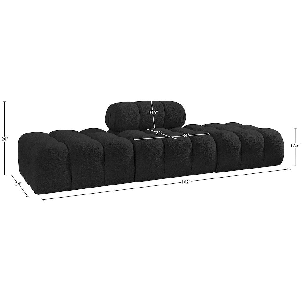 Ames 102" Black Boucle Fabric Upholstered 3pc. Modular Sofa