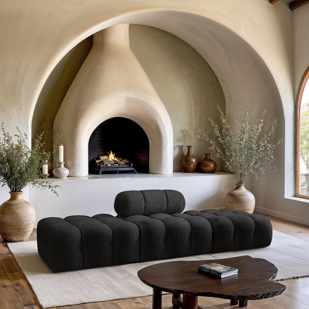 Ames 102" Black Boucle Fabric Upholstered 3pc. Modular Sofa