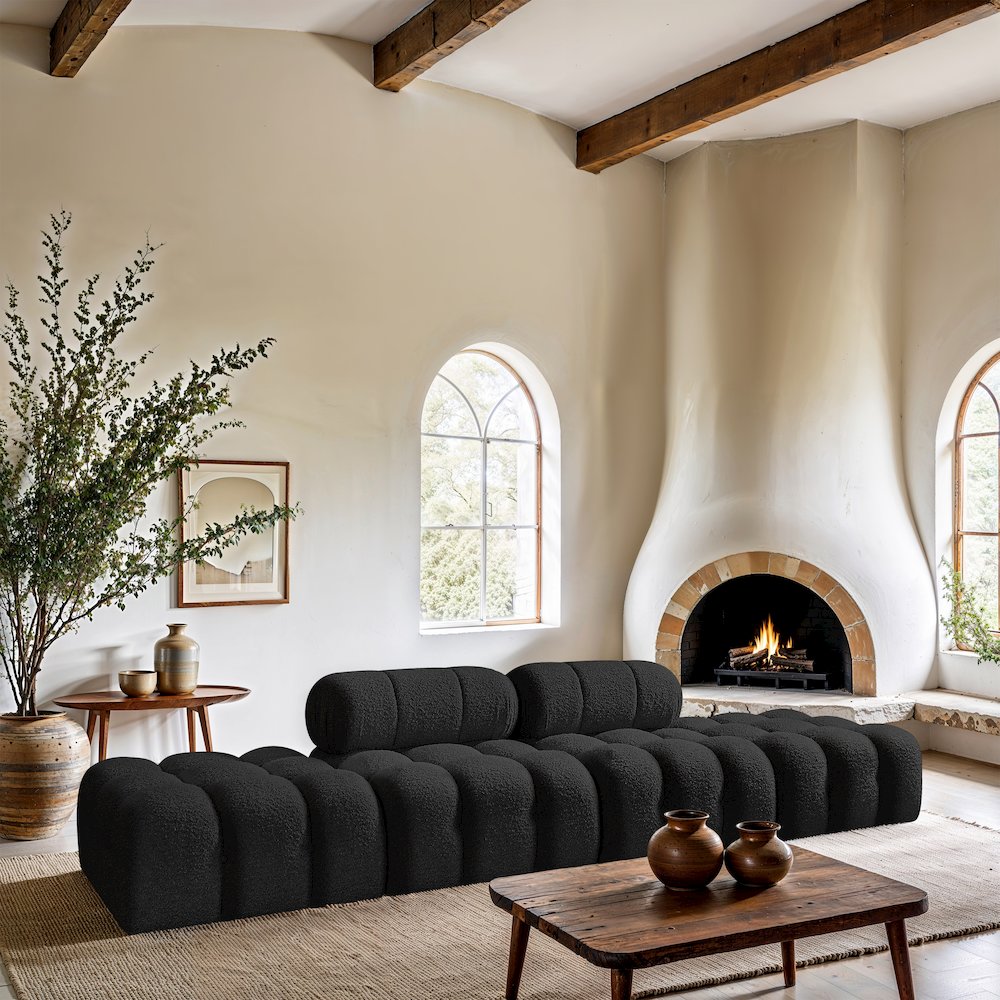 Ames 136" Black Boucle Fabric Upholstered 4pc. Modular Sofa