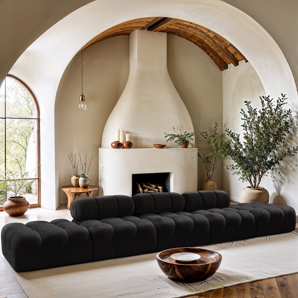 Ames 170" Black Boucle Fabric Upholstered 5pc. Modular Sofa
