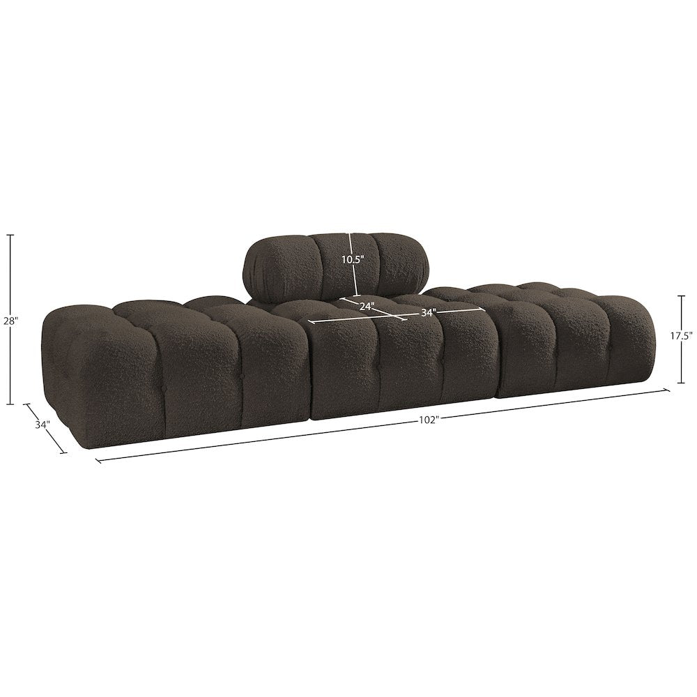 Ames 102" Brown Boucle Fabric Upholstered 3pc. Modular Sofa