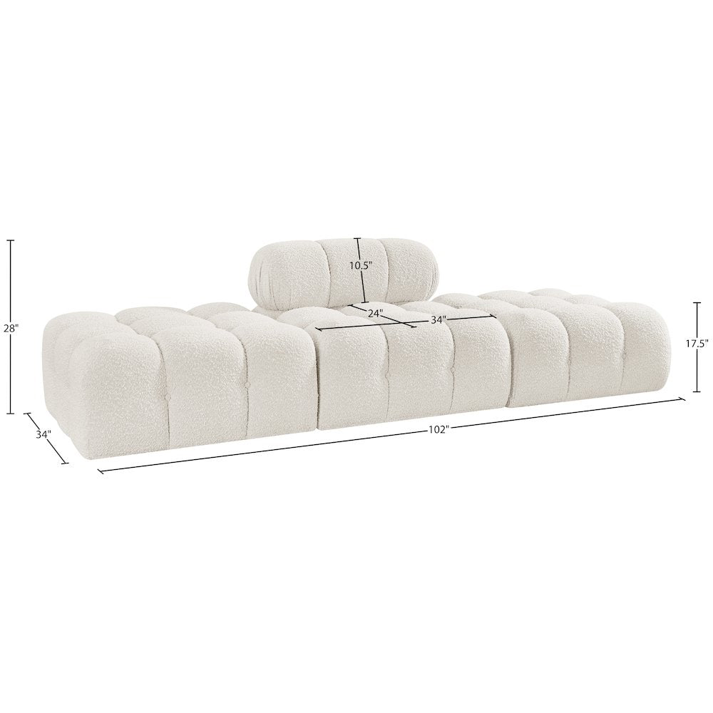 Ames 102" Cream Boucle Fabric Upholstered 3pc. Modular Sofa