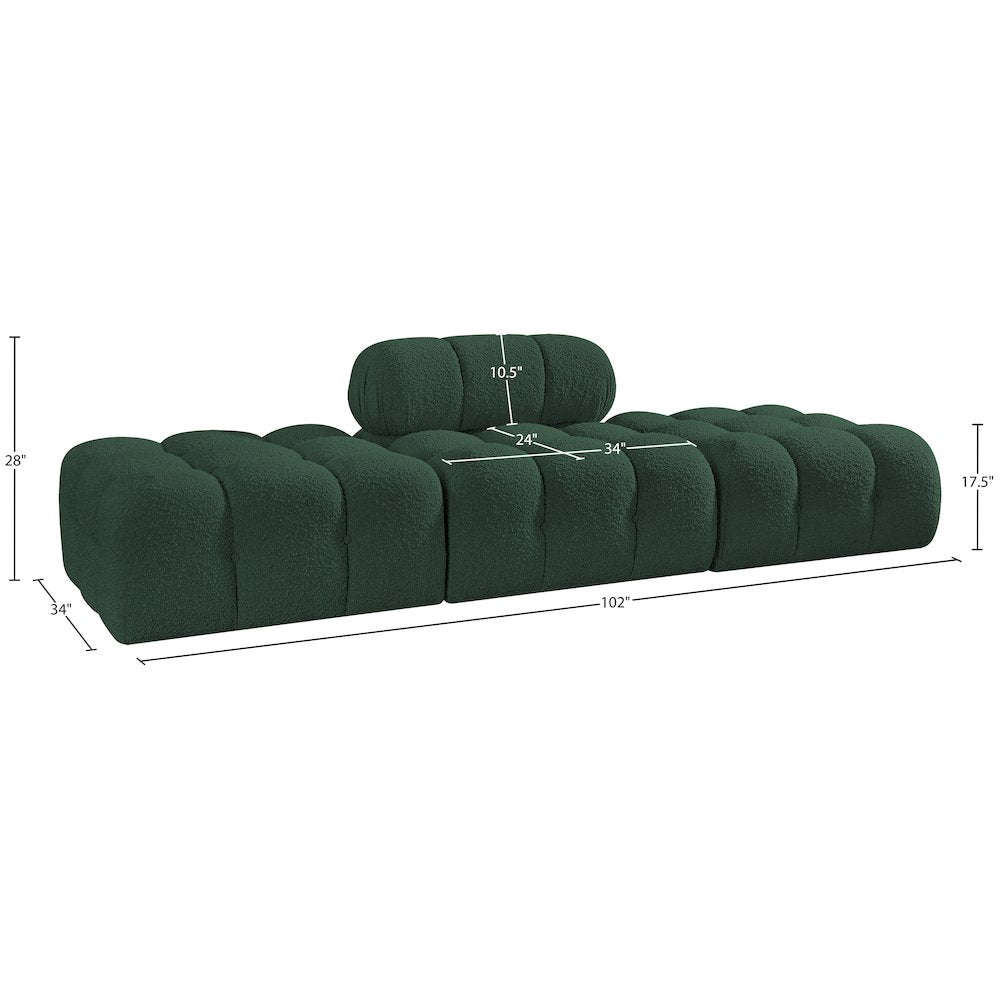 Ames 102" Green Boucle Fabric Upholstered 3pc. Modular Sofa