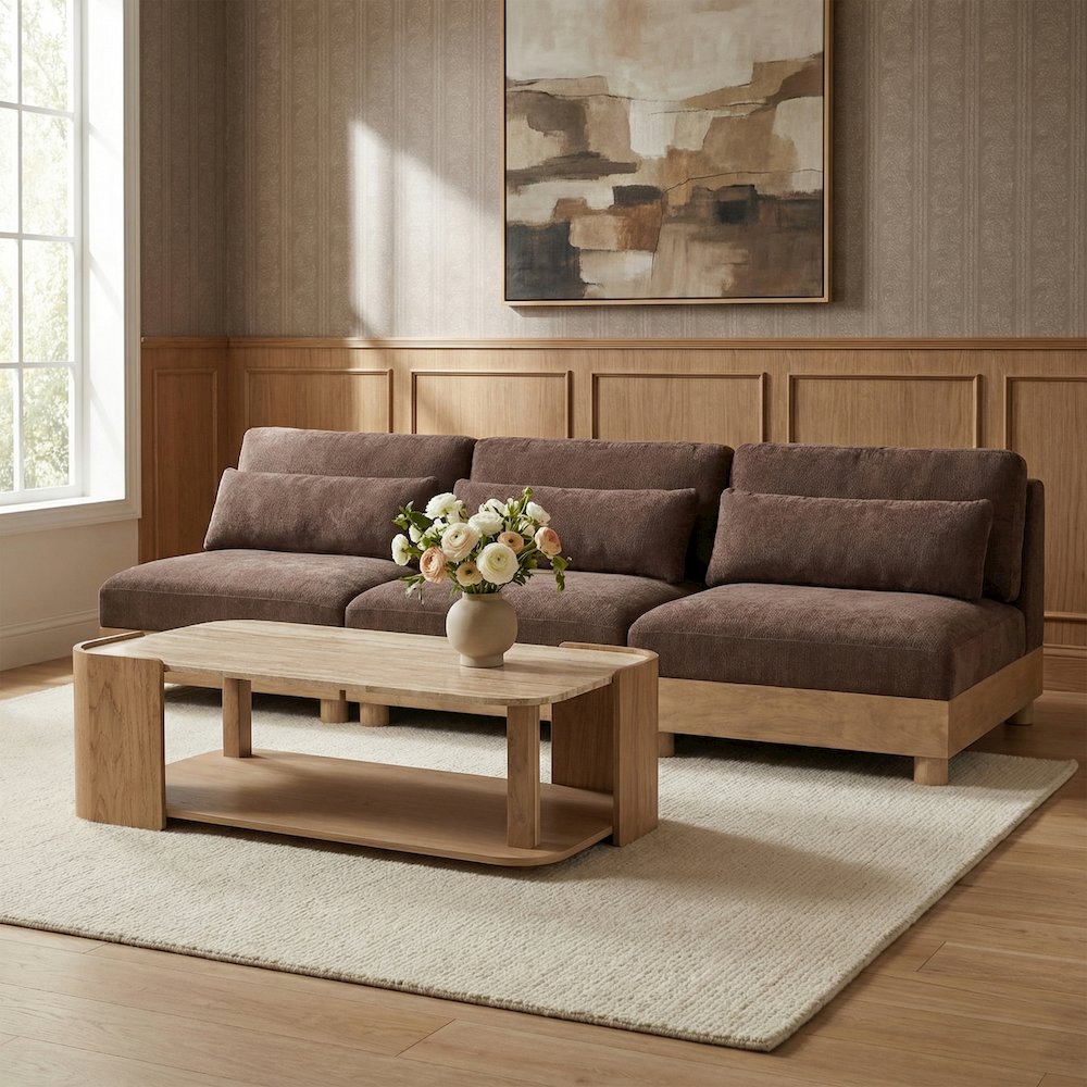 Turin 120" Brown Chenille Fabric Upholstered 3pc. Modular Sofa
