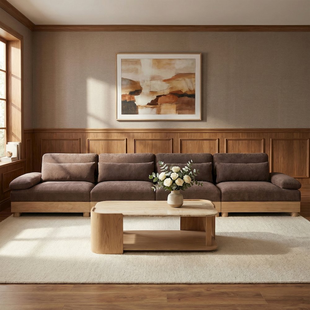 Turin 175.5" Brown Chenille Fabric Upholstered 4pc. Modular Sofa