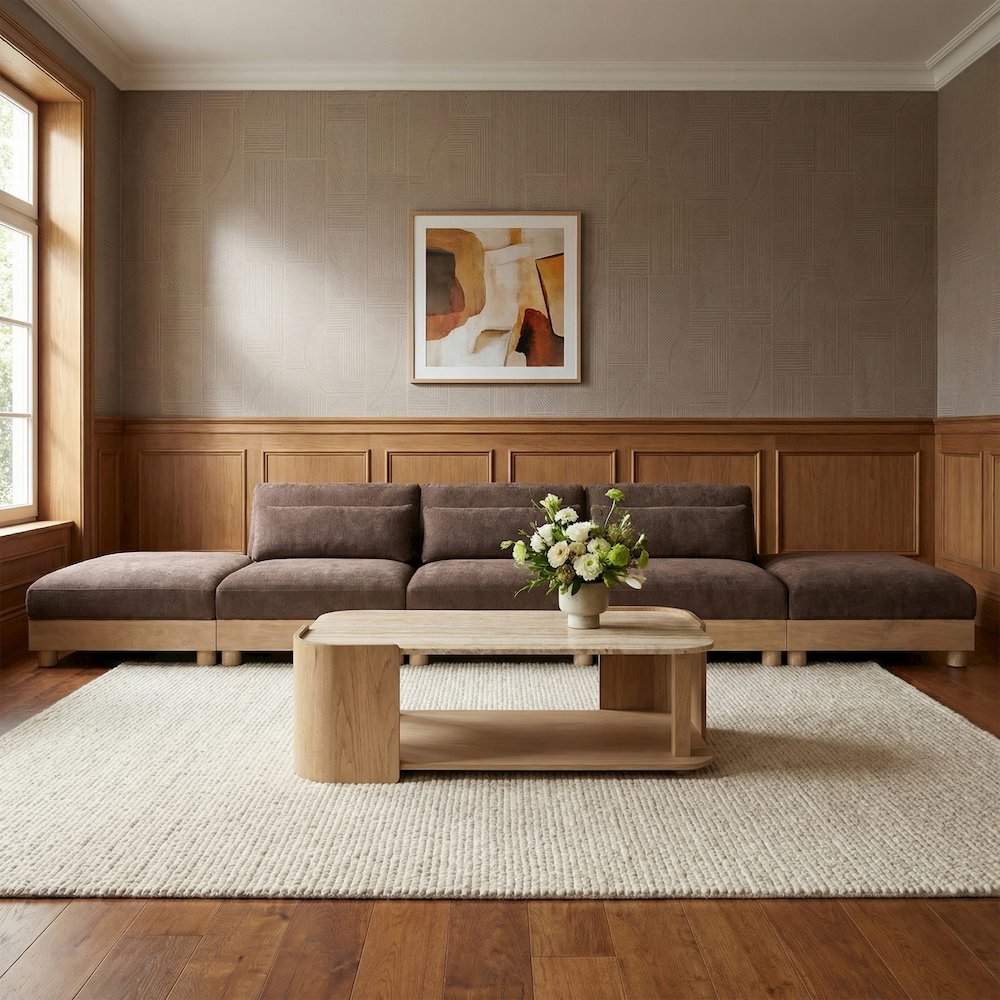 Turin 200" Brown Chenille Fabric Upholstered 5pc. Modular Sofa