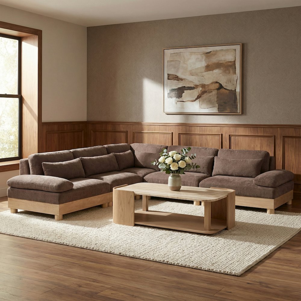 Turin 127.75" Brown Chenille Fabric Upholstered 5pc. Modular Sectional