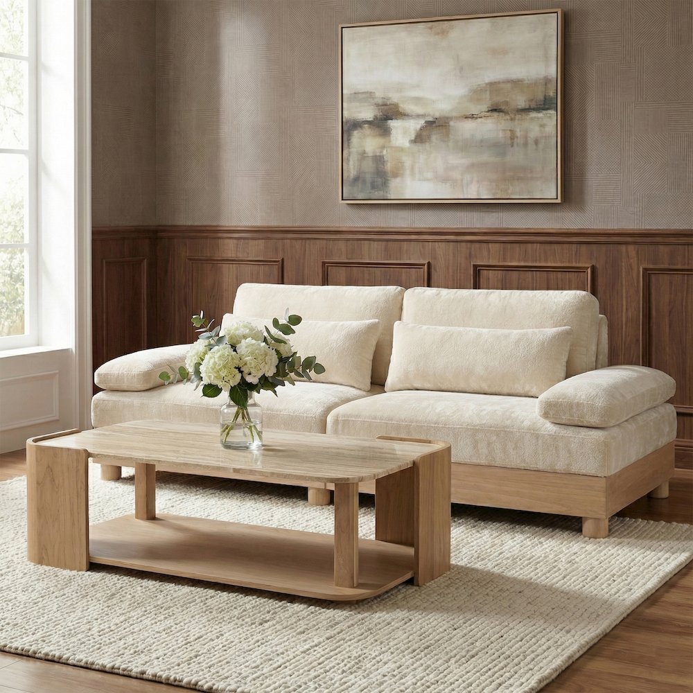 Turin 95.5" Cream Chenille Fabric Upholstered 2pc. Modular Loveseat