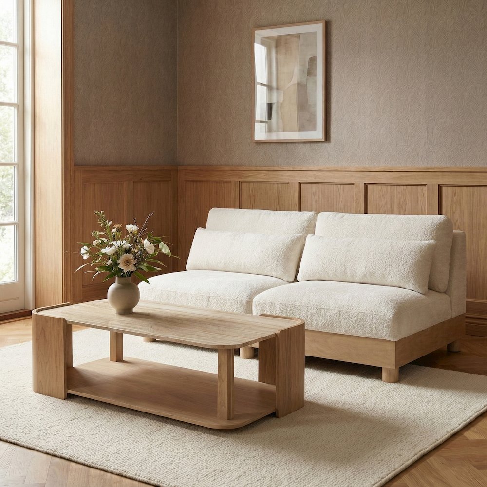 Turin 80" Cream Chenille Fabric Upholstered 2pc. Modular Loveseat