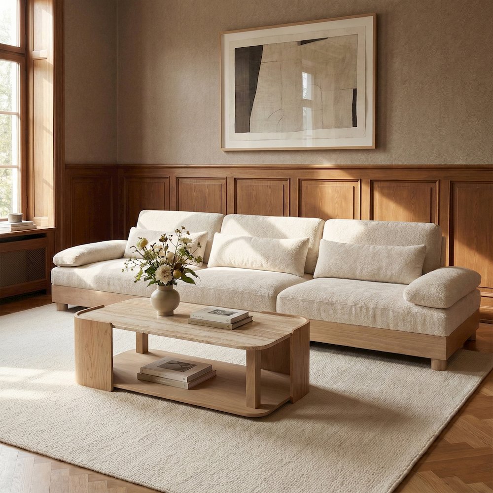 Turin 135.5" Cream Chenille Fabric Upholstered 3pc. Modular Sofa