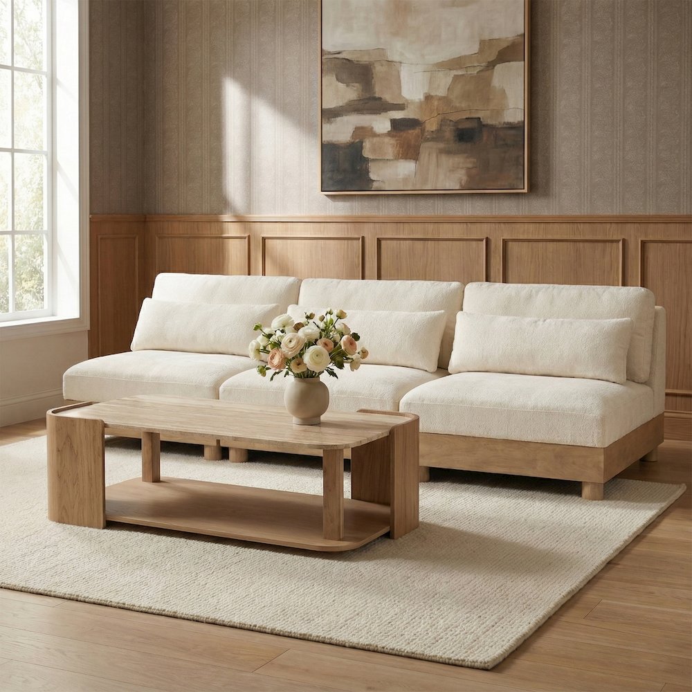 Turin 120" Cream Chenille Fabric Upholstered 3pc. Modular Sofa