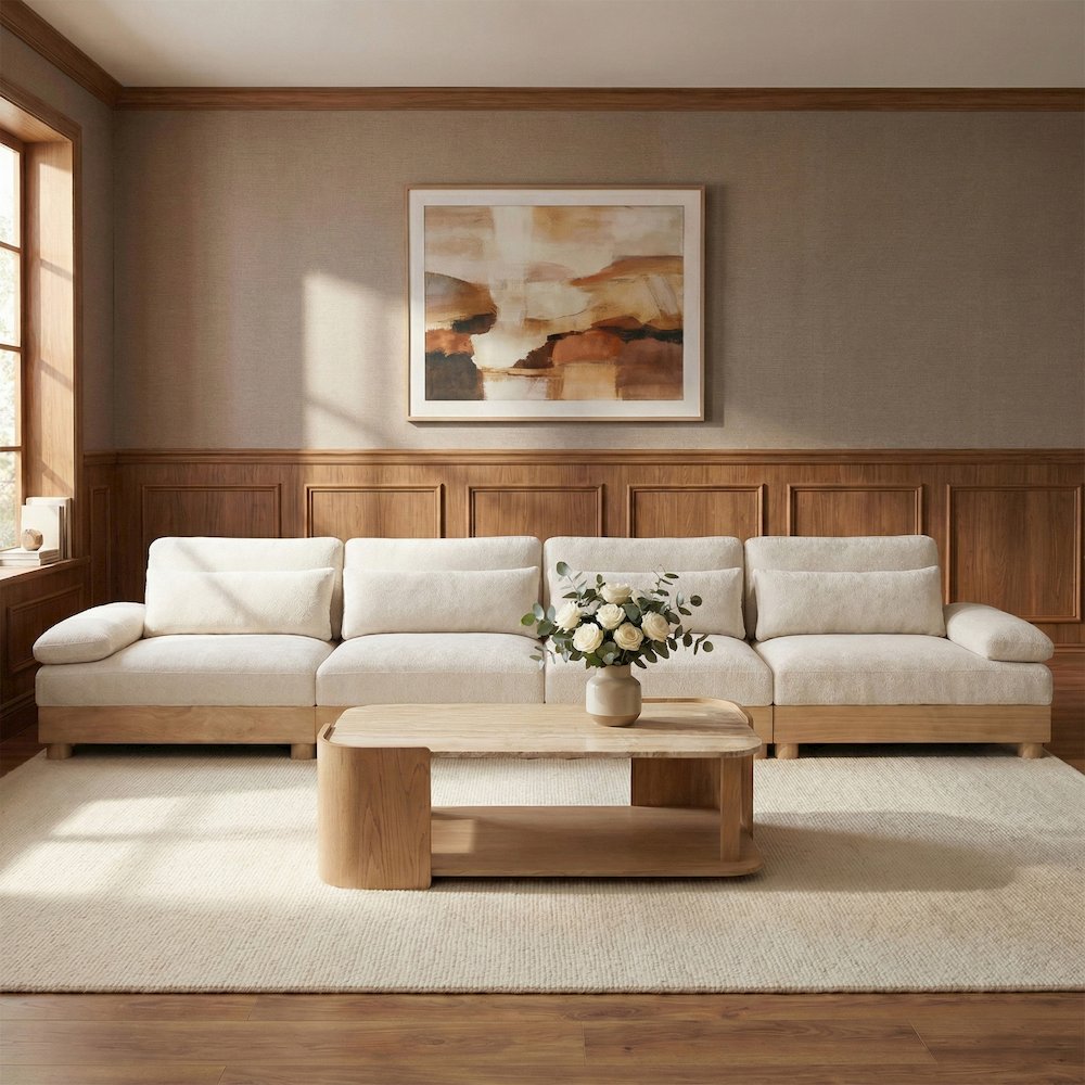 Turin 175.5" Cream Chenille Fabric Upholstered 4pc. Modular Sofa