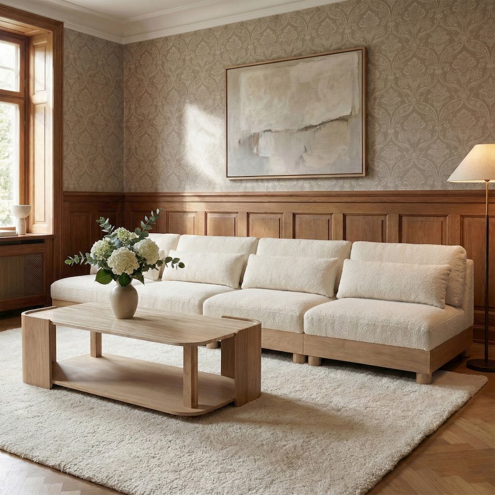 Turin 160" Cream Chenille Fabric Upholstered 4pc. Modular Sofa