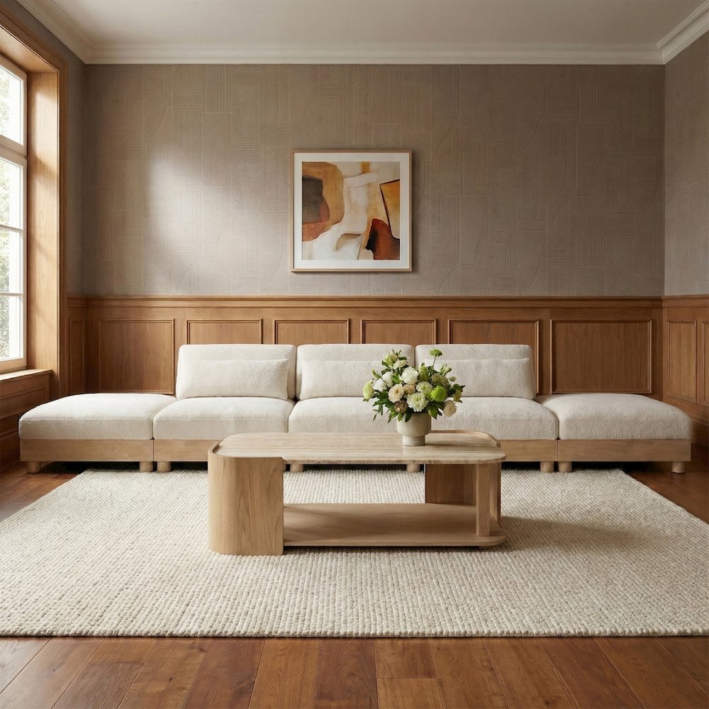 Turin 200" Cream Chenille Fabric Upholstered 5pc. Modular Sofa