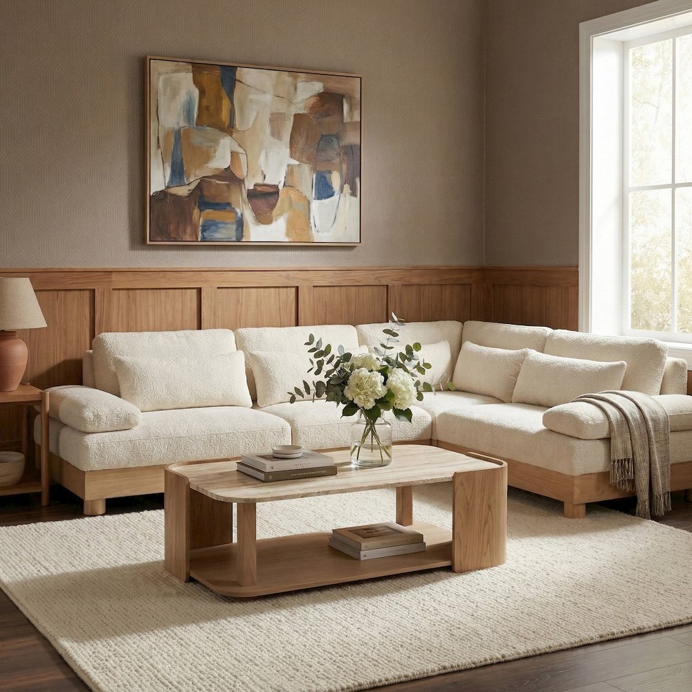 Turin 127.75" Cream Chenille Fabric Upholstered 4pc. Modular Sectional