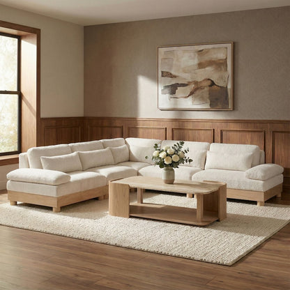 Turin 127.75" Cream Chenille Fabric Upholstered 5pc. Modular Sectional