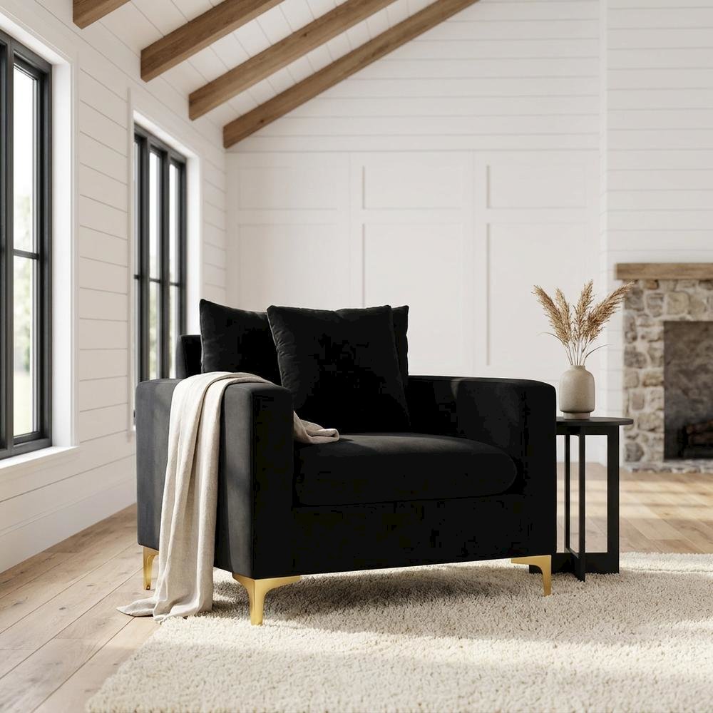 Velvet Accent Chair with Pillow, Comfy Armchair, Black Velvet
