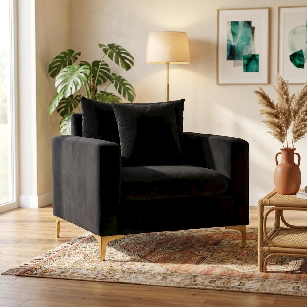 Velvet Accent Chair with Pillow, Comfy Armchair, Black Velvet