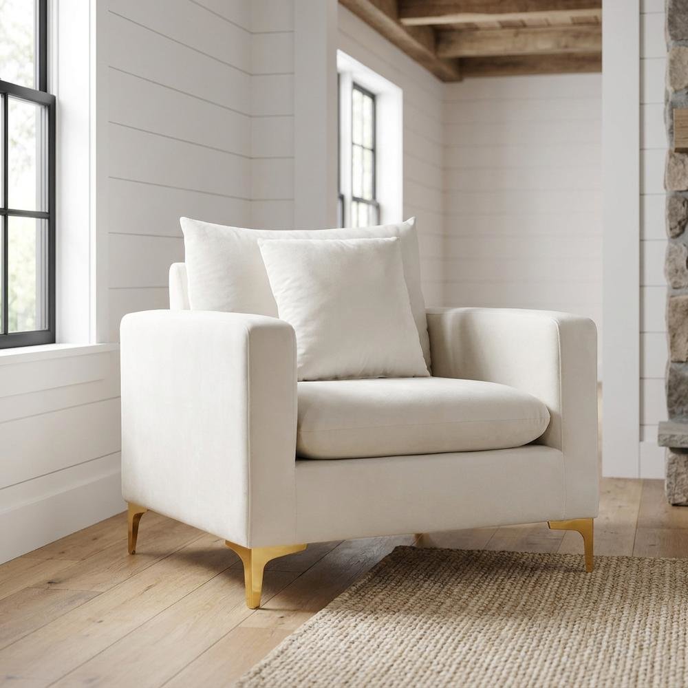 Velvet Accent Chair with Pillow, Comfy Armchair, Cream Velvet
