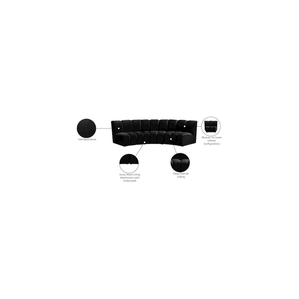 Infinity Black Velvet 3pc. Modular Sectional