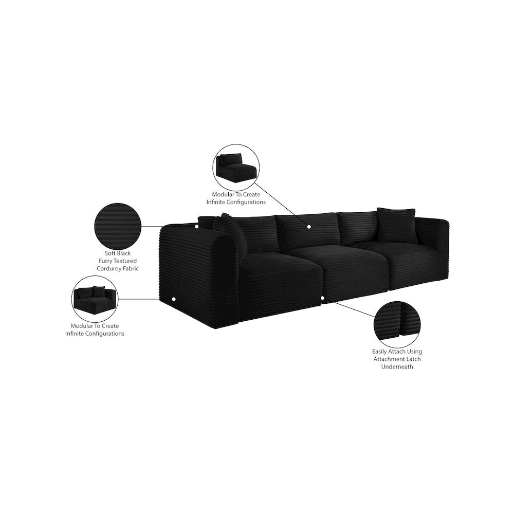 Shaggy Black Corduroy Performance Fabric Modular Sofa