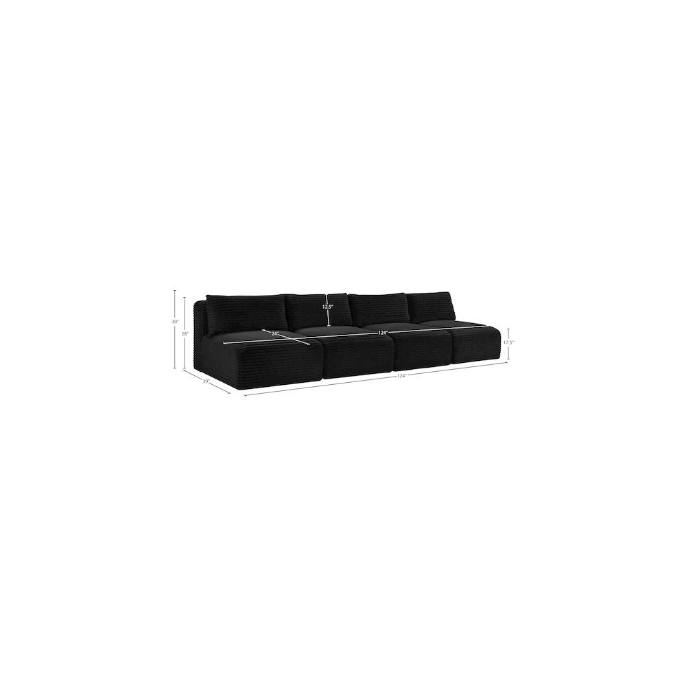 Shaggy Black Corduroy Performance Fabric Modular Sofa