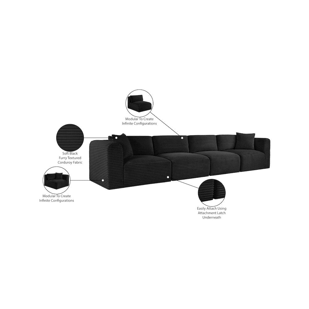 Shaggy Black Corduroy Performance Fabric Modular Sofa