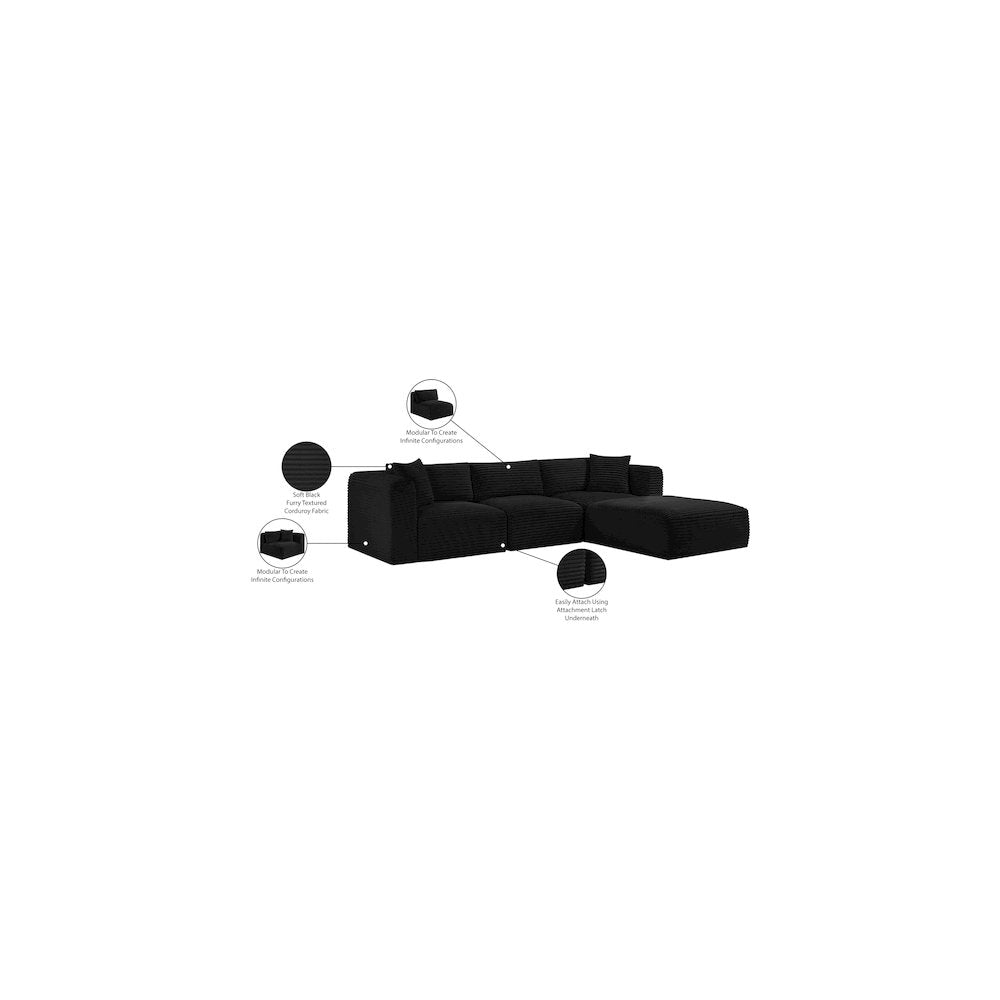 Shaggy Black Corduroy Performance Fabric Modular Sectional