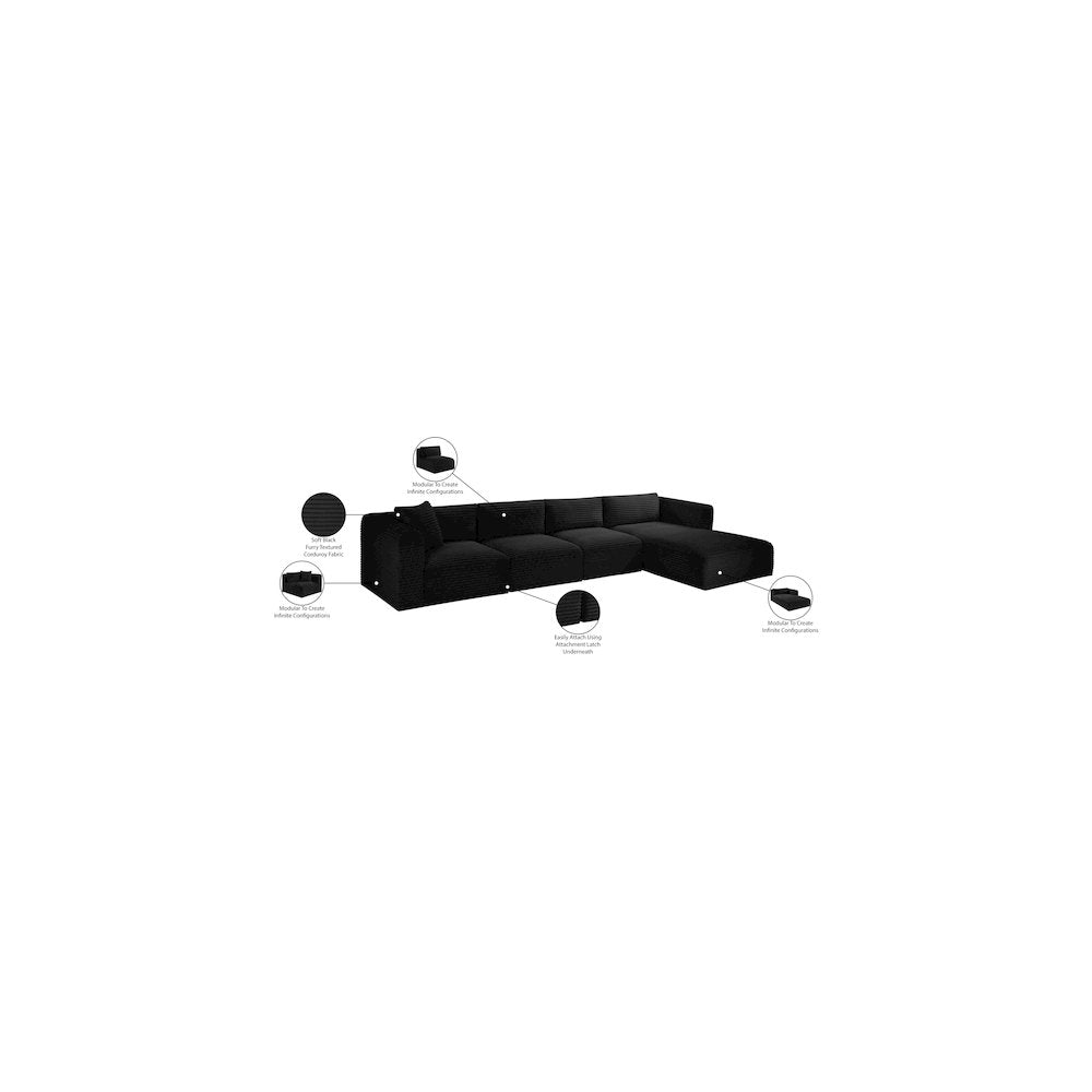 Shaggy Black Corduroy Performance Fabric Modular Sectional