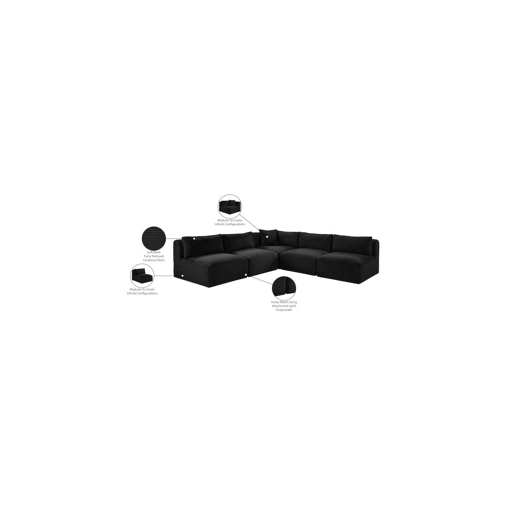 Shaggy Black Corduroy Performance Fabric Modular Sectional