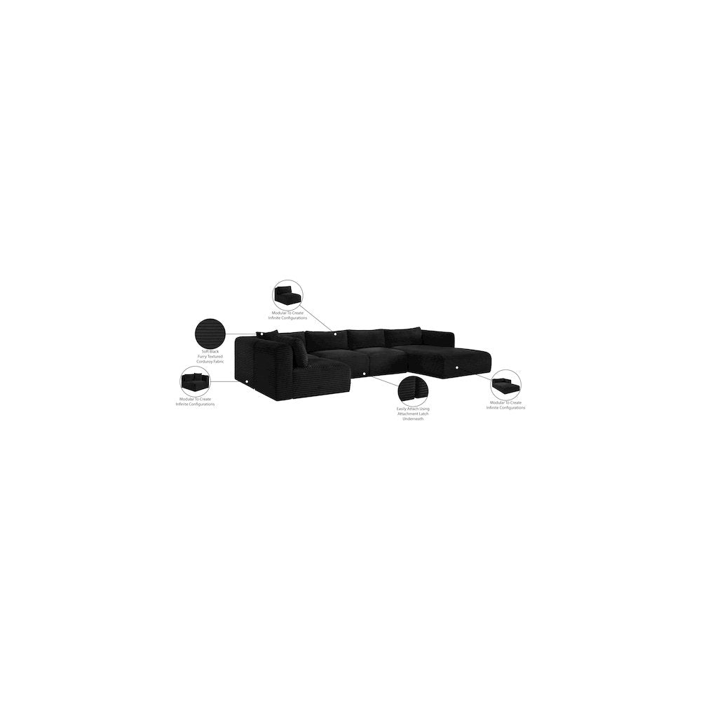 Shaggy Black Corduroy Performance Fabric Modular Sectional