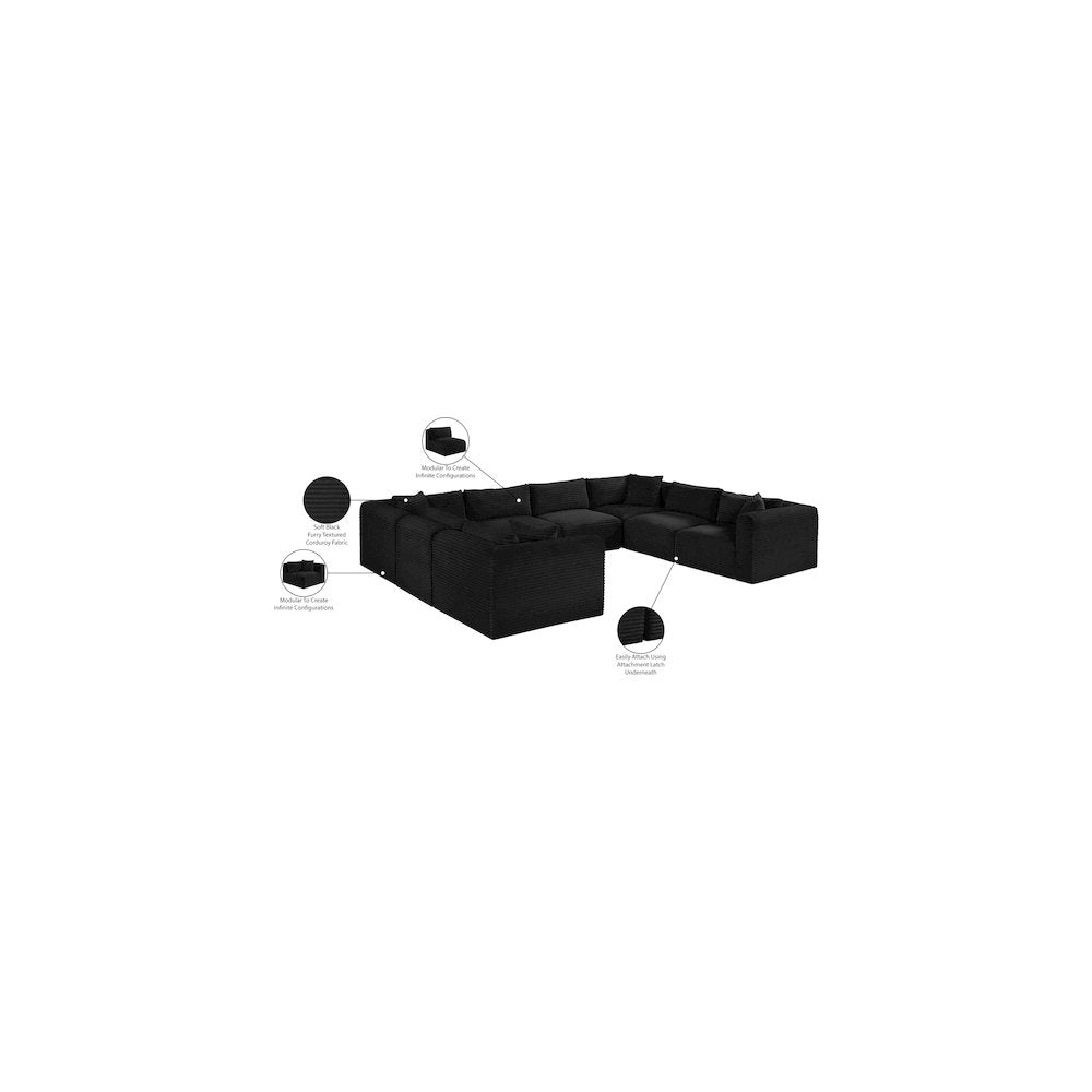 Shaggy Black Corduroy Performance Fabric Modular Sectional