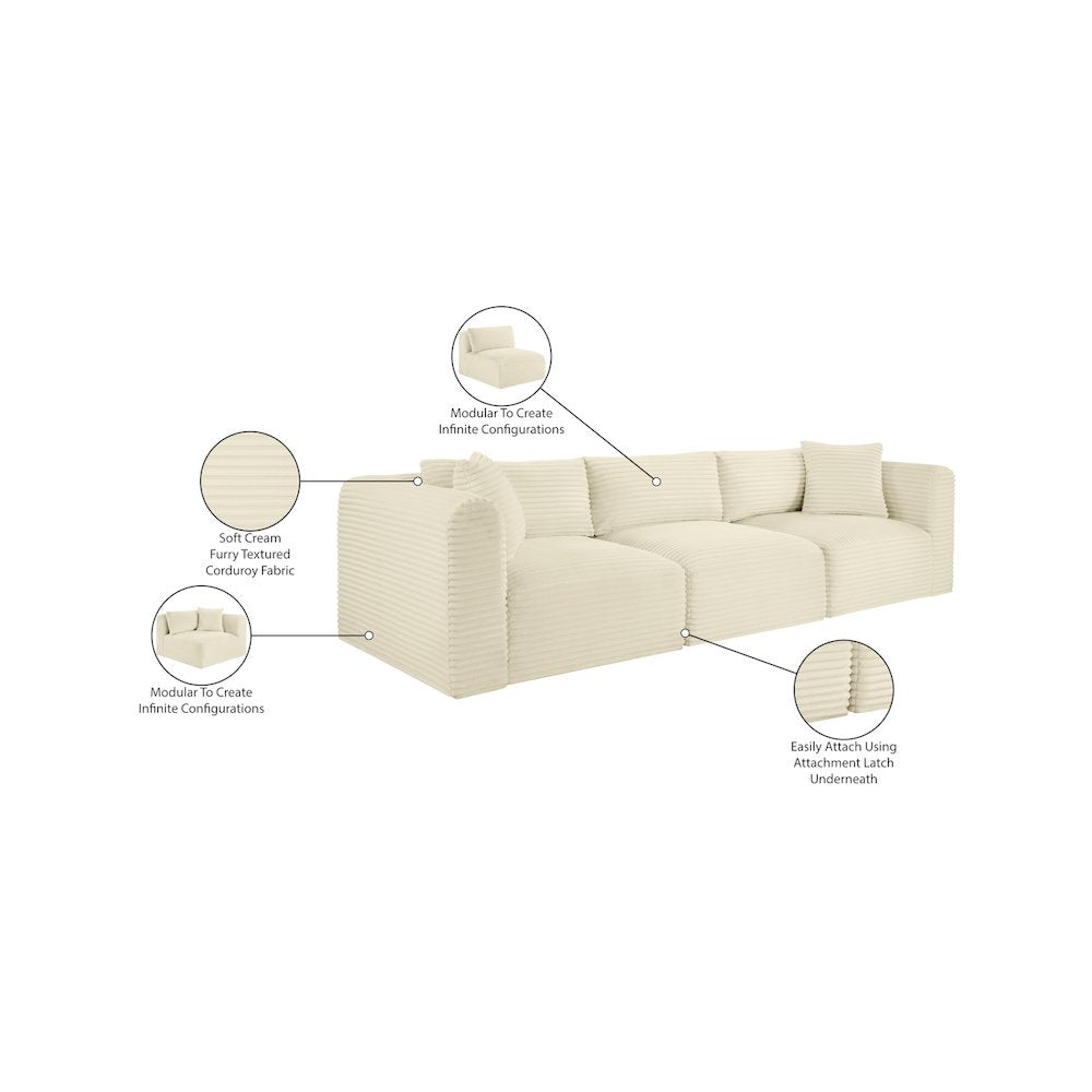 Shaggy Cream Corduroy Performance Fabric Modular Sofa