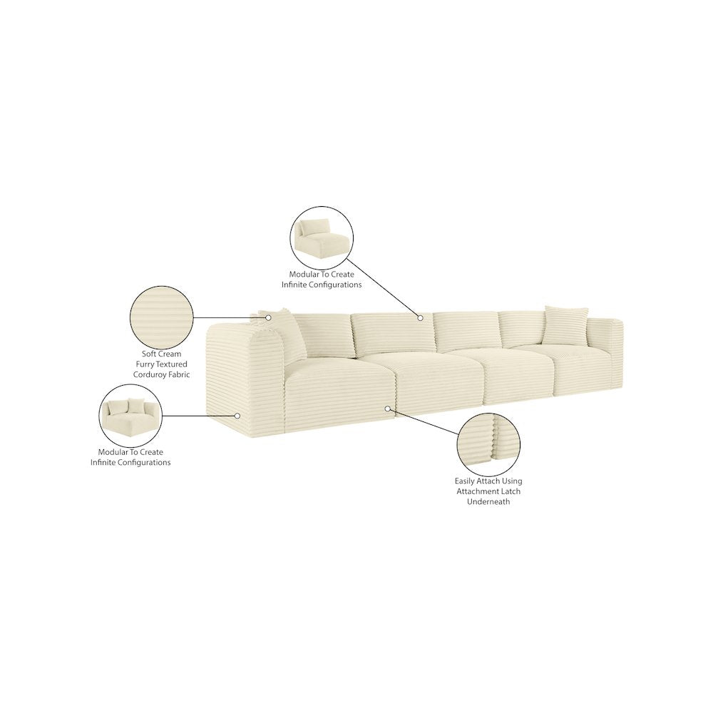 Shaggy Cream Corduroy Performance Fabric Modular Sofa