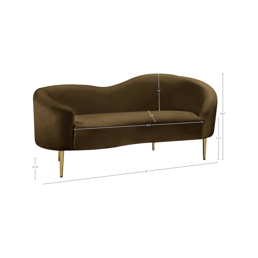 Velvet-Upholstered Sofa and Loveseat with Gold-Finish Wood Legs, Brown Velvet