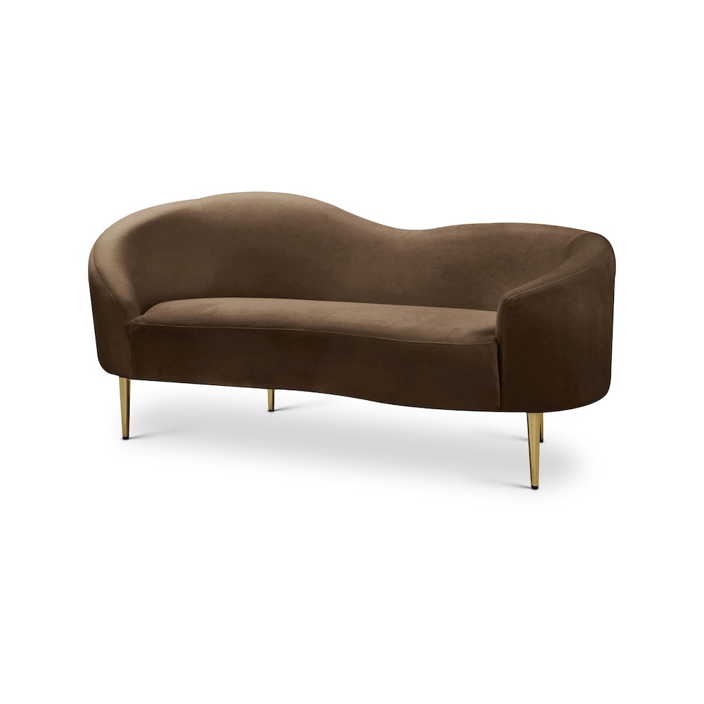 Velvet-Upholstered Sofa and Loveseat with Gold-Finish Wood Legs, Brown Velvet