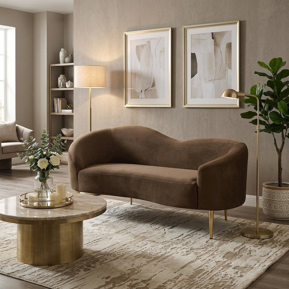 Velvet-Upholstered Sofa and Loveseat with Gold-Finish Wood Legs, Brown Velvet